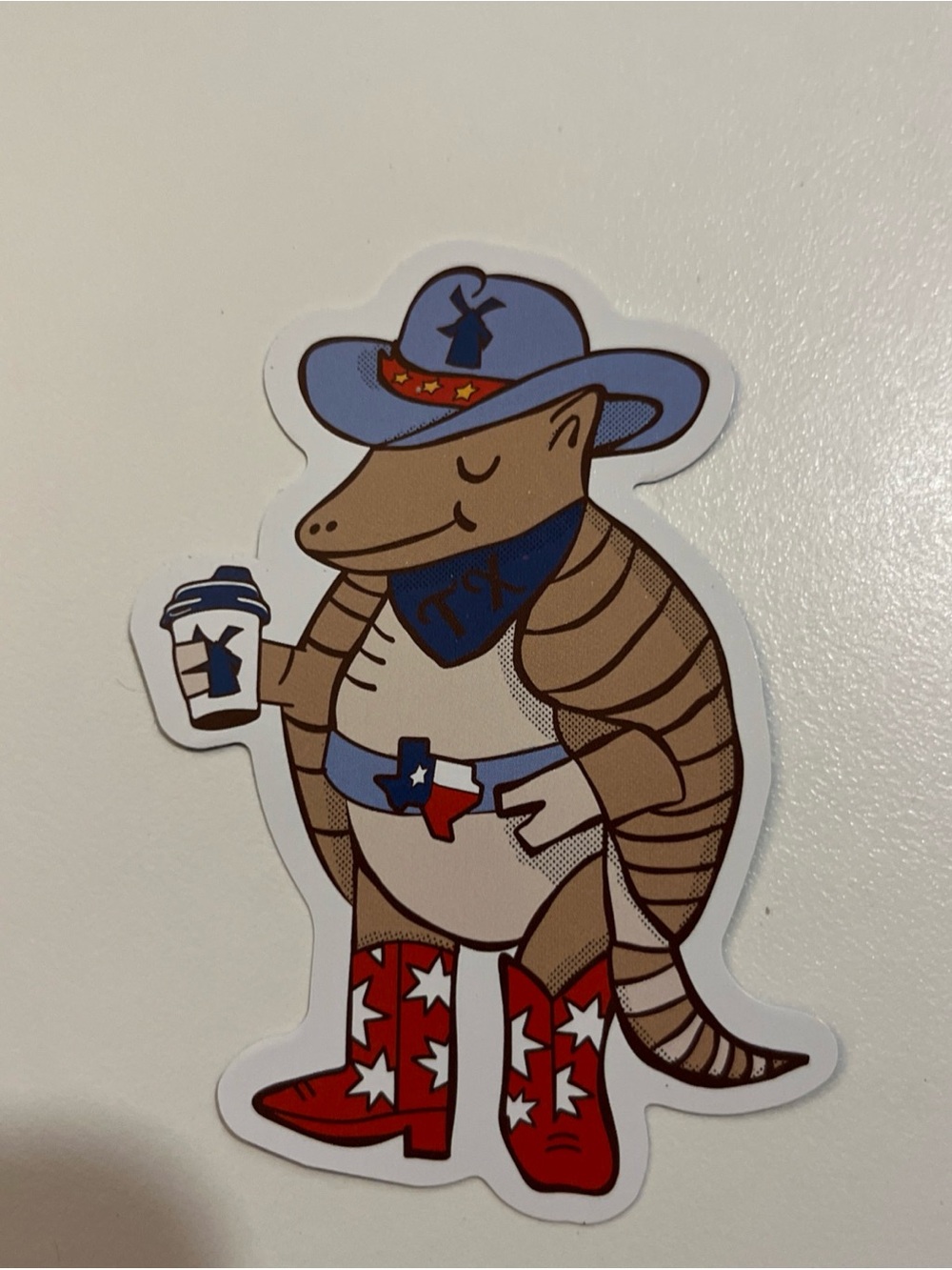 Dutch Bros TEXAS Cowboy Armadillo Sticker - Blue Hat, Red Boots